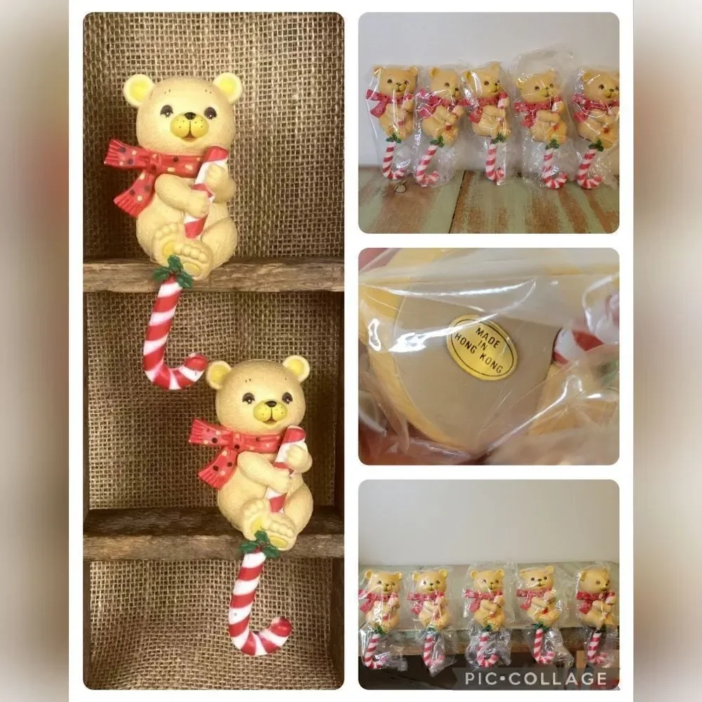 Vintage New Bear Candy Cane Christmas Stocking Hook Shelf Sitters - Set of five